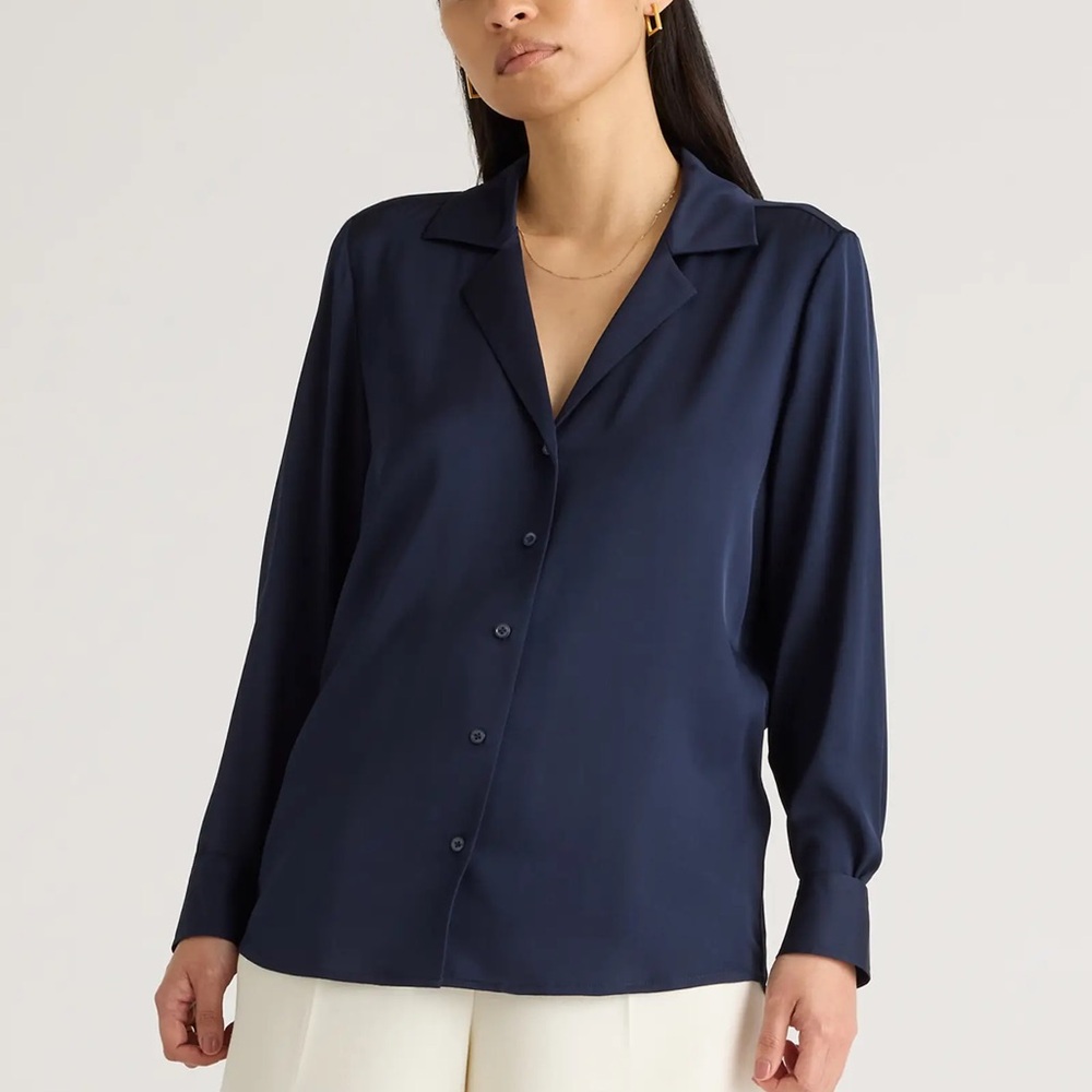 Quince Silk Longsleeve Button Up Blouse - Navy Large